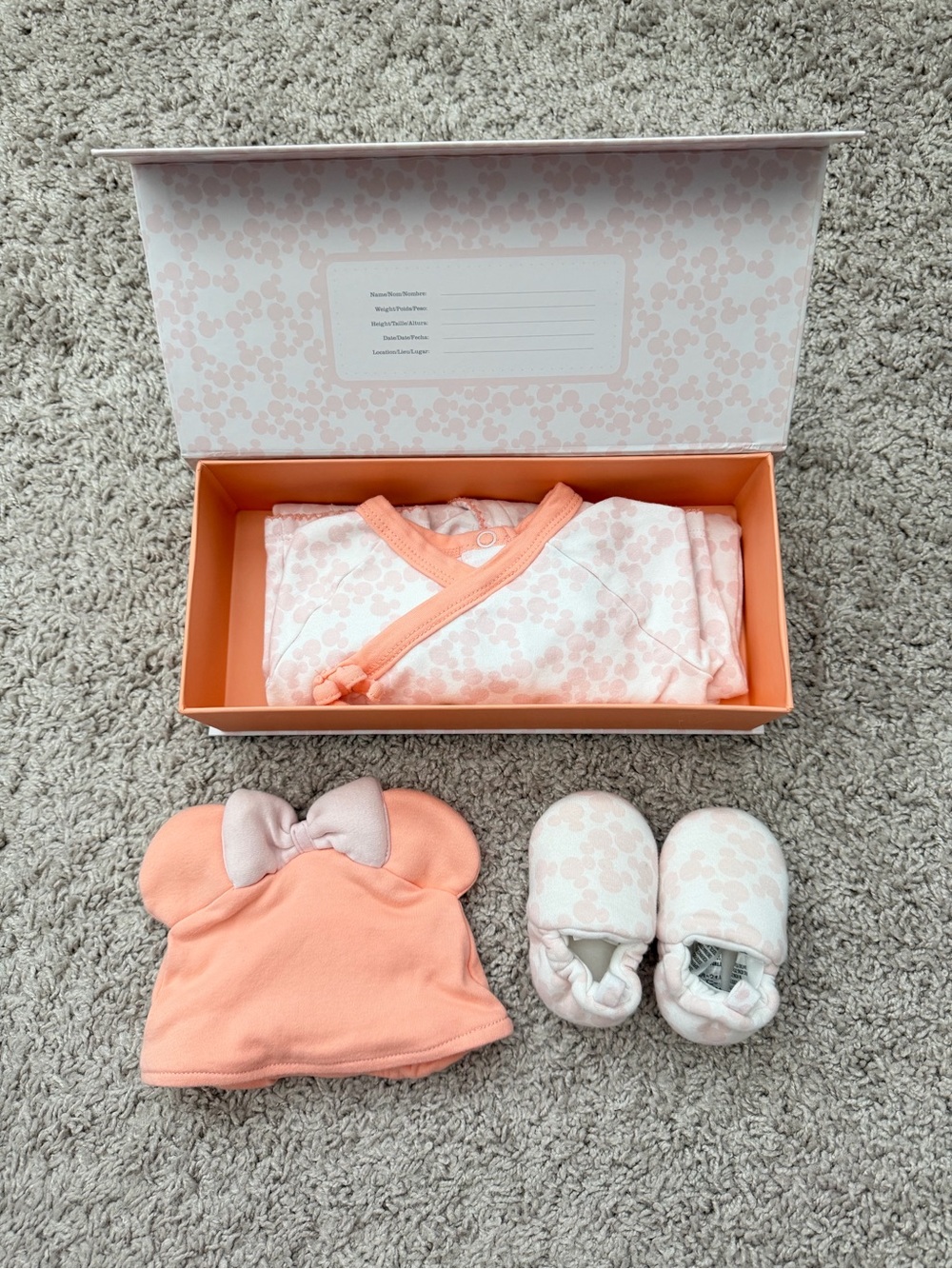 Disney Minnie Mouse Baby 0-3M Onesie with Matching Hat & Booties and Box Set